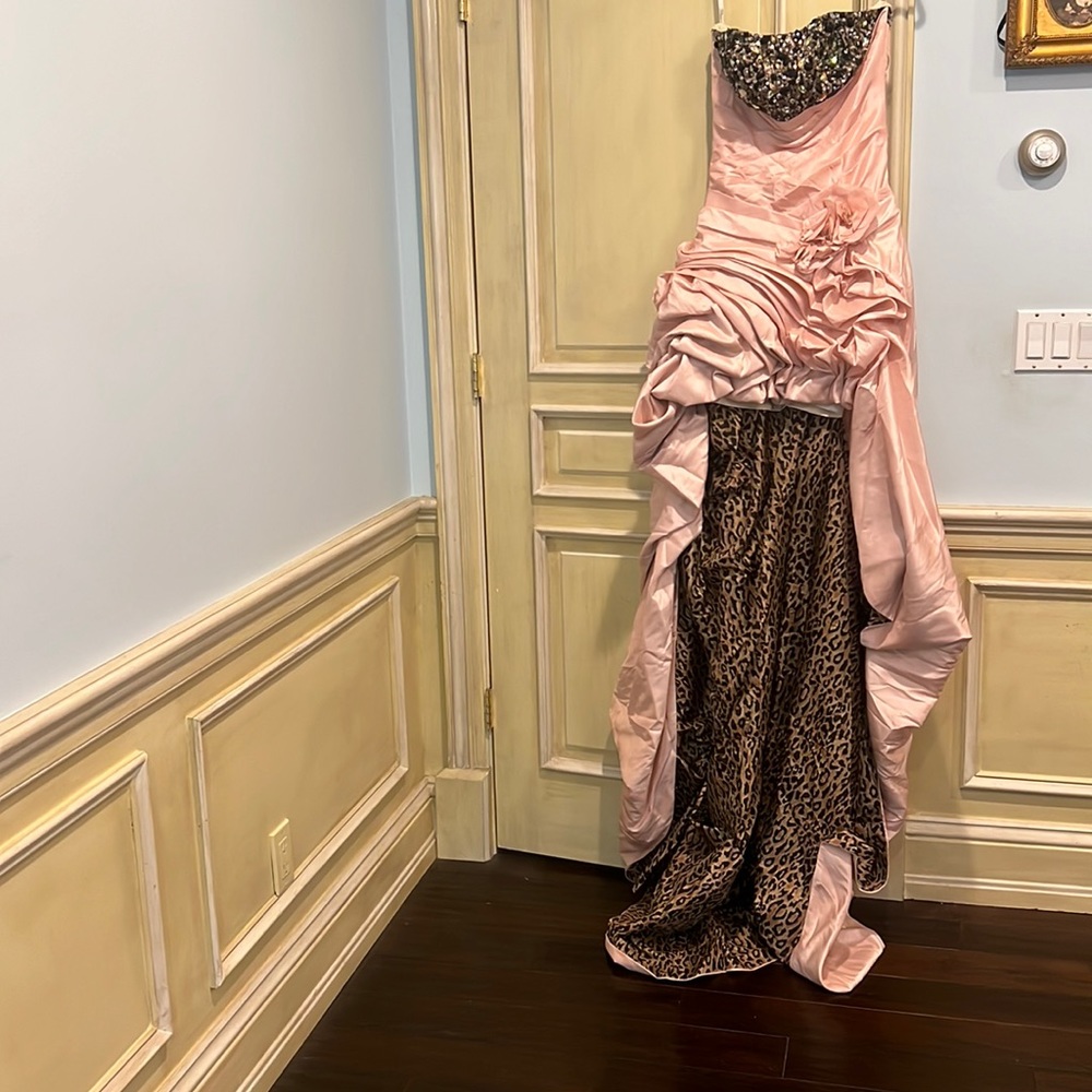 Tony Bowls Strapless Blush Pink and Leopard Print Evening Gown